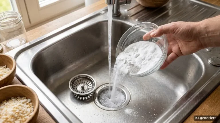 Spülbecken aus Edelstahl, in den Abfluss wird weißes Natronpulver aus einer Glasschale gestreut