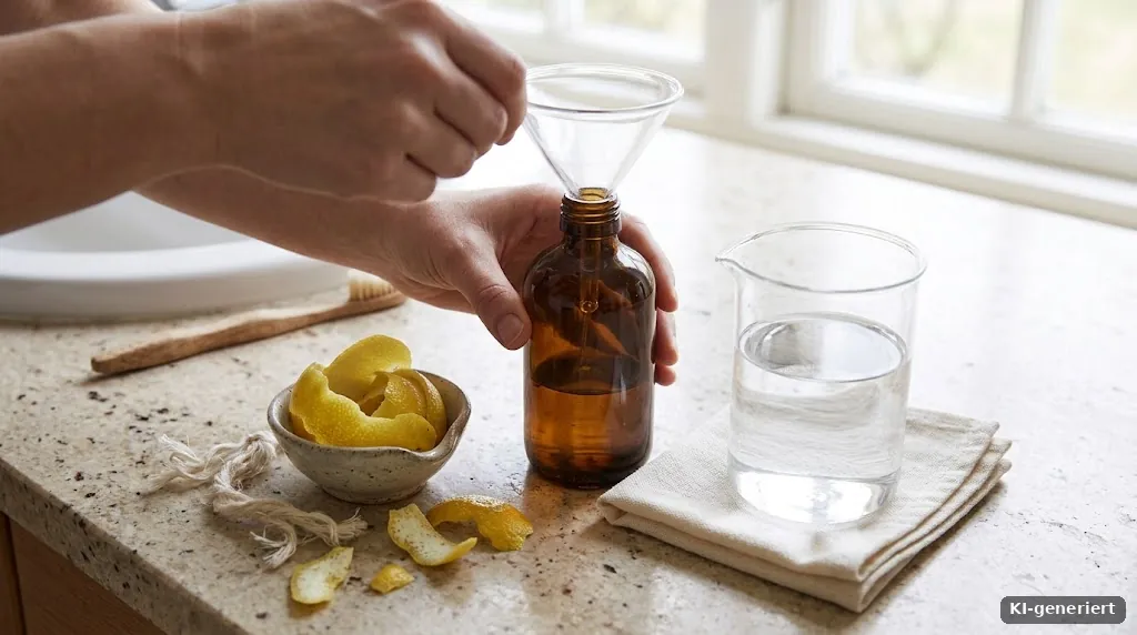 Trichter über einer Sprühflasche, daneben Messbecher mit Wasser