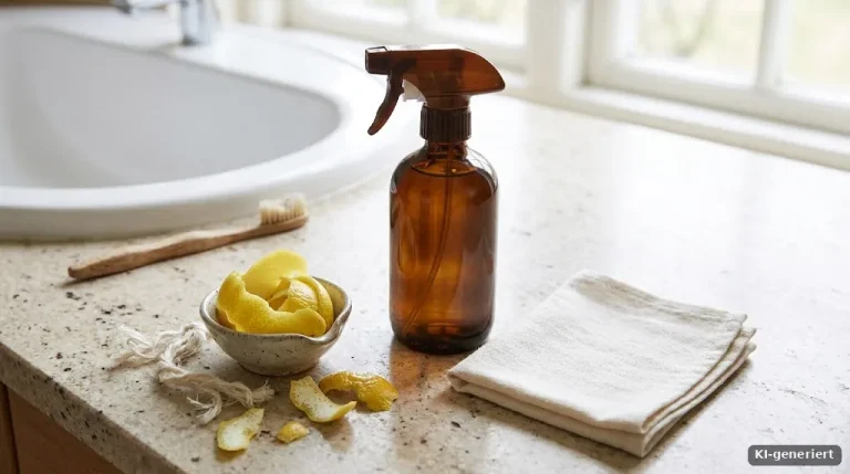 Braune Glassprühflasche, Zitronenschalen und ein Baumwolltuch auf einer hellen Küchenarbeitsplatte