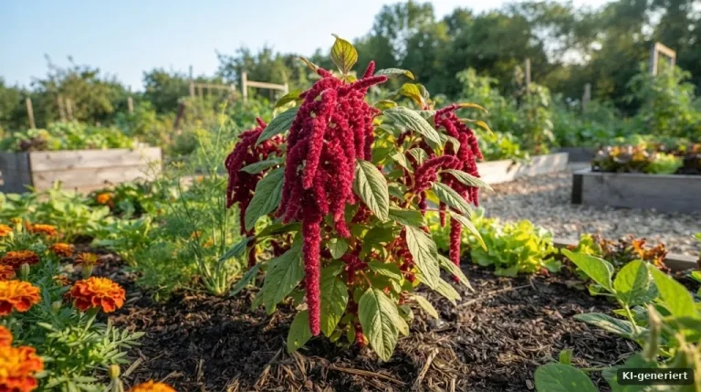 Amaranth mit leuchtend roten Blütenrispen im Gartenbeet