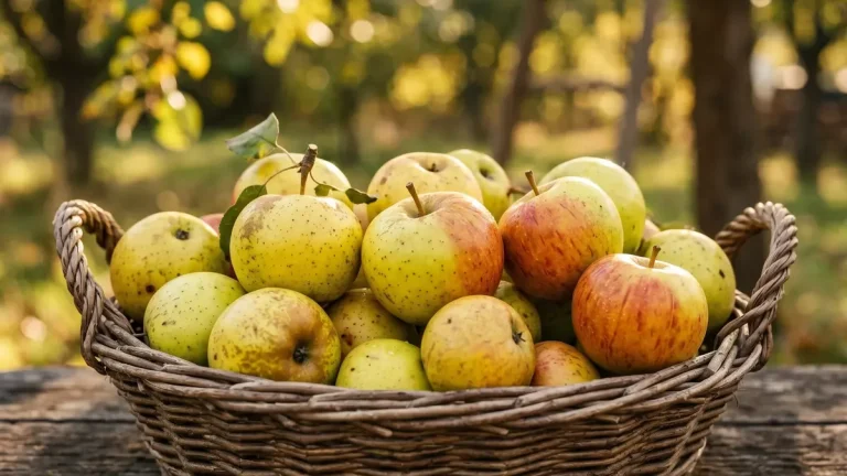 Junger Apfelbaum mit Stützpfahl und roten Äpfeln in einem naturnahen Garten