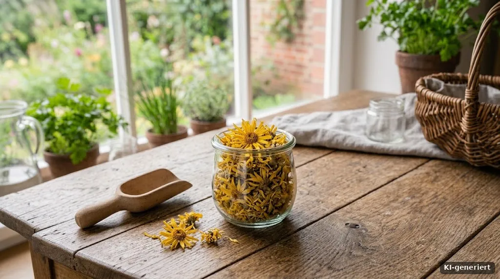 Getrocknete Arnikablüten in einem Glas
