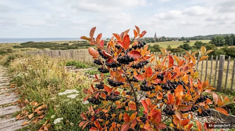 Aroniastrauch mit schwarzen Beeren und Herbstlaub