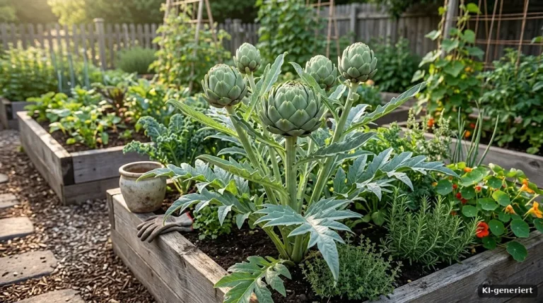 Artischockenpflanze mit großen Knospen im Gartenbeet