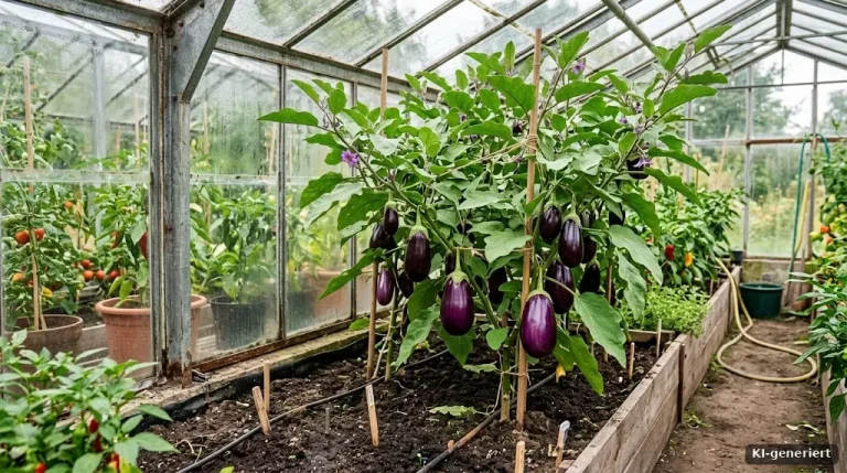 Auberginenpflanze mit violetten Früchten im Gewächshaus