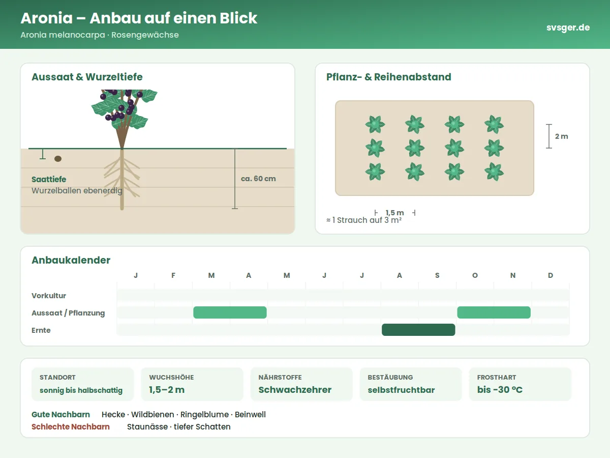 Aronia Aufbau: Saattiefe, Pflanzabstand und Anbaukalender
