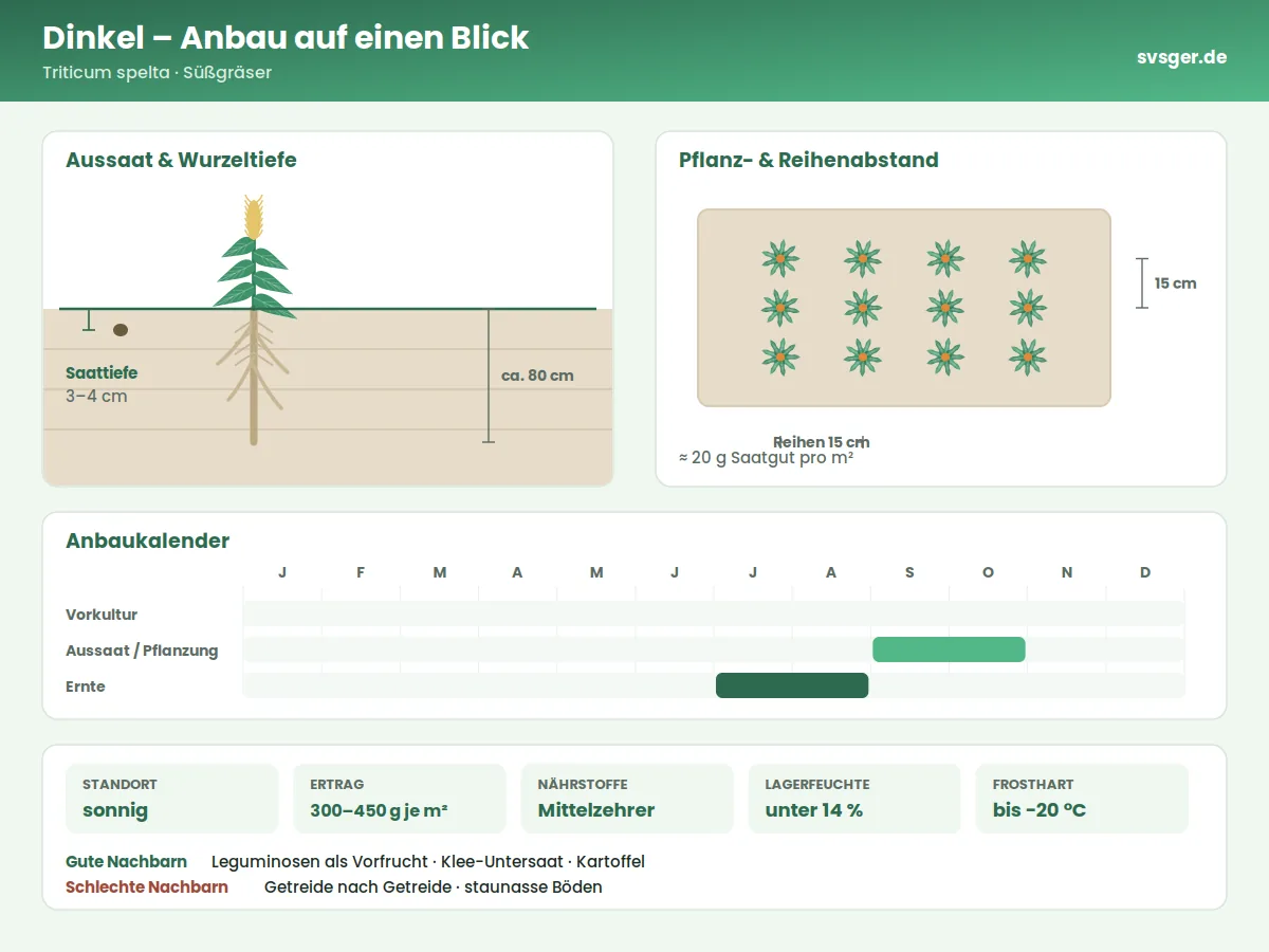 Dinkel Aufbau: Saattiefe, Pflanzabstand und Anbaukalender