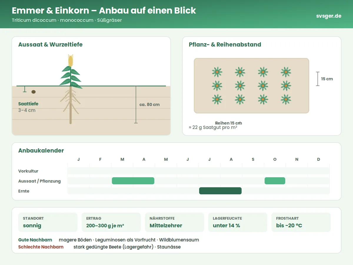 Emmer und Einkorn Aufbau: Saattiefe, Pflanzabstand und Anbaukalender