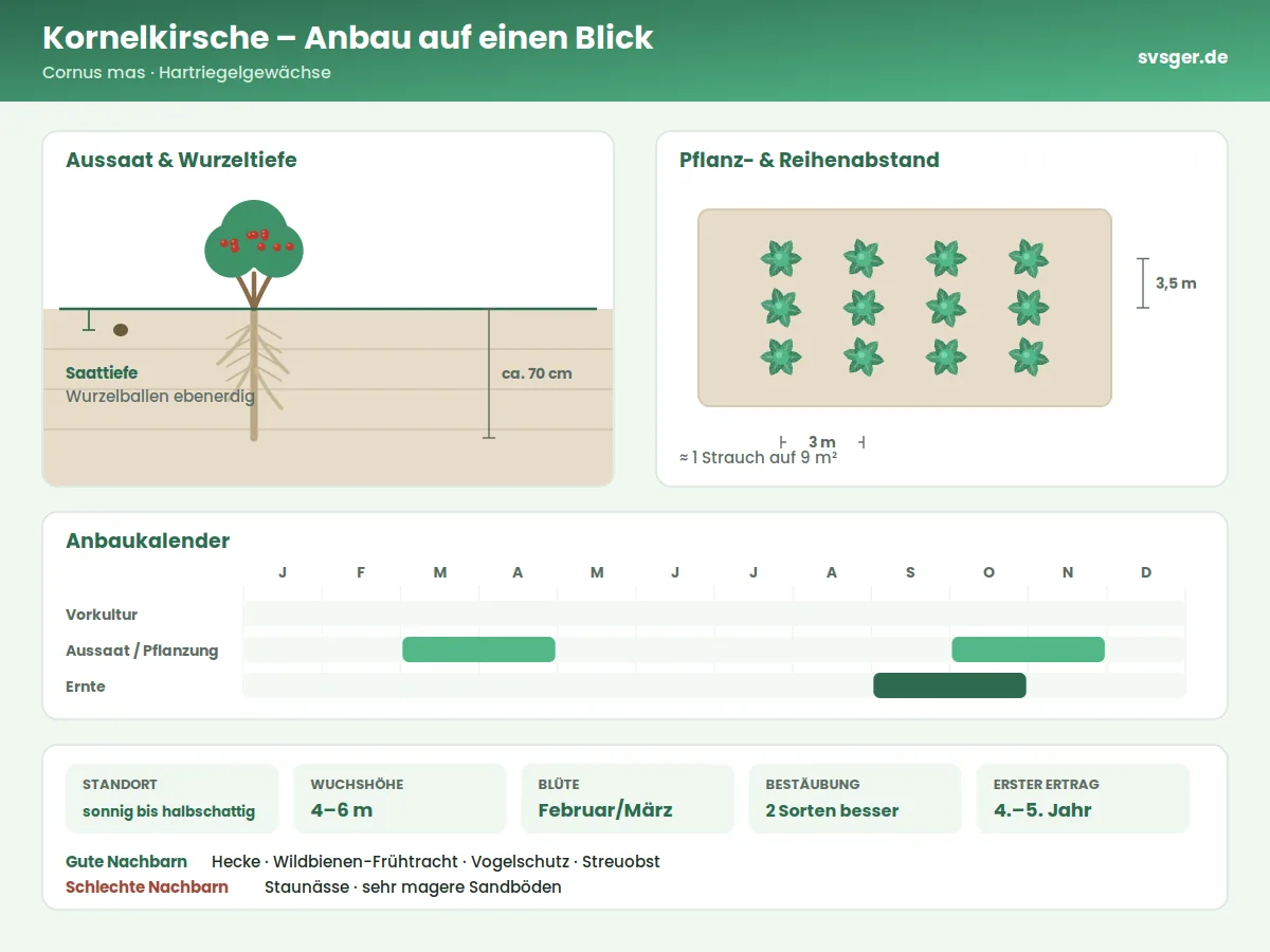 Kornelkirsche Aufbau: Saattiefe, Pflanzabstand und Anbaukalender