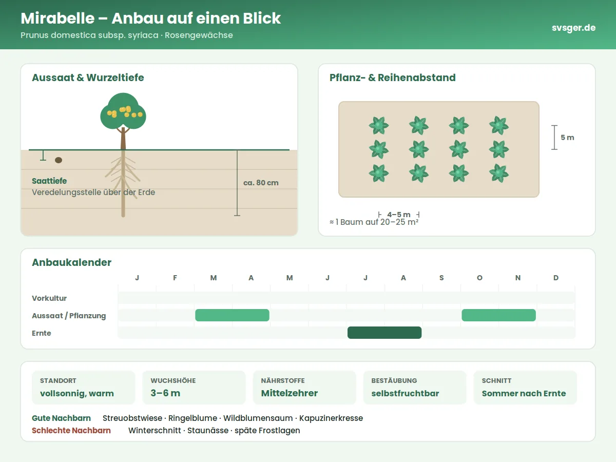 Mirabelle Aufbau: Saattiefe, Pflanzabstand und Anbaukalender