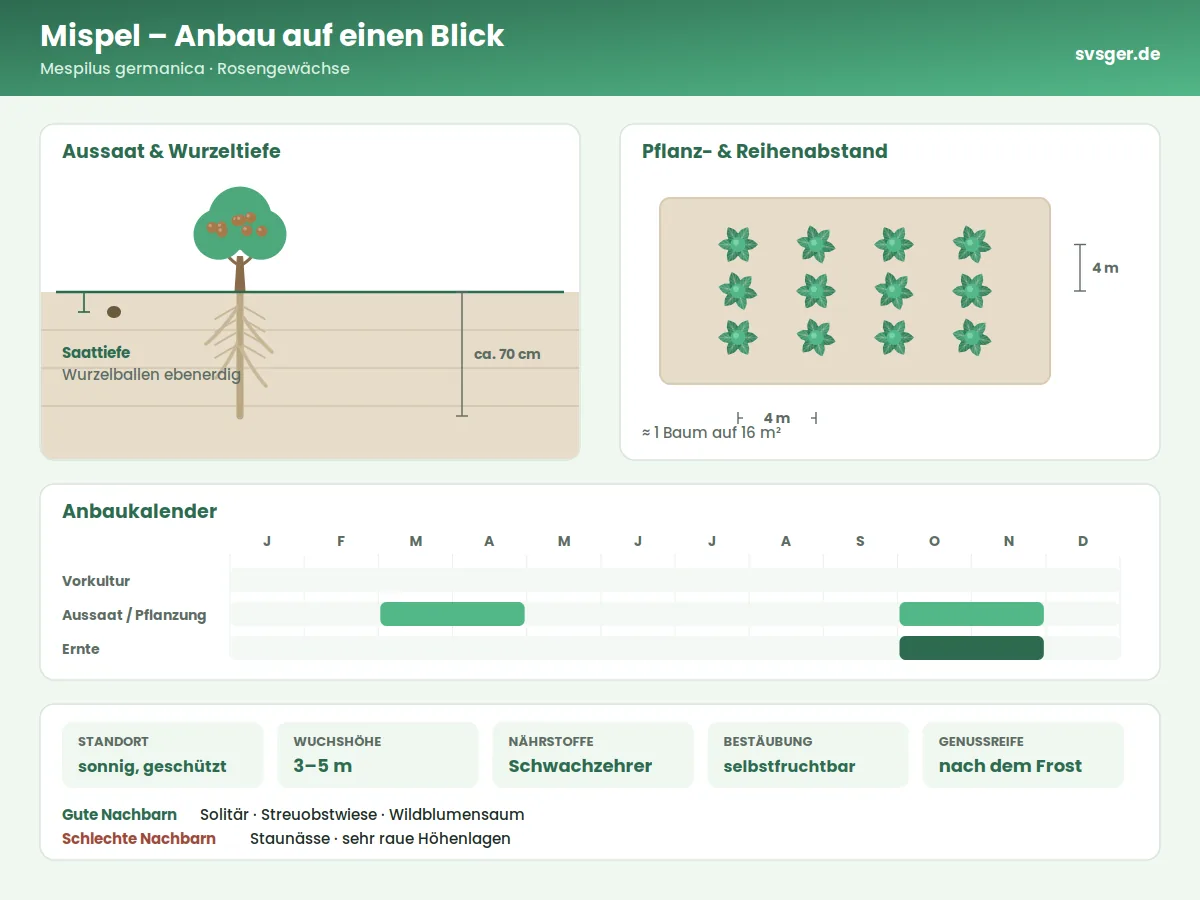 Mispel Aufbau: Saattiefe, Pflanzabstand und Anbaukalender