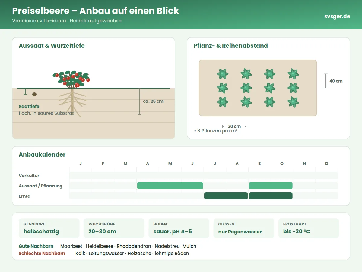 Preiselbeere Aufbau: Saattiefe, Pflanzabstand und Anbaukalender