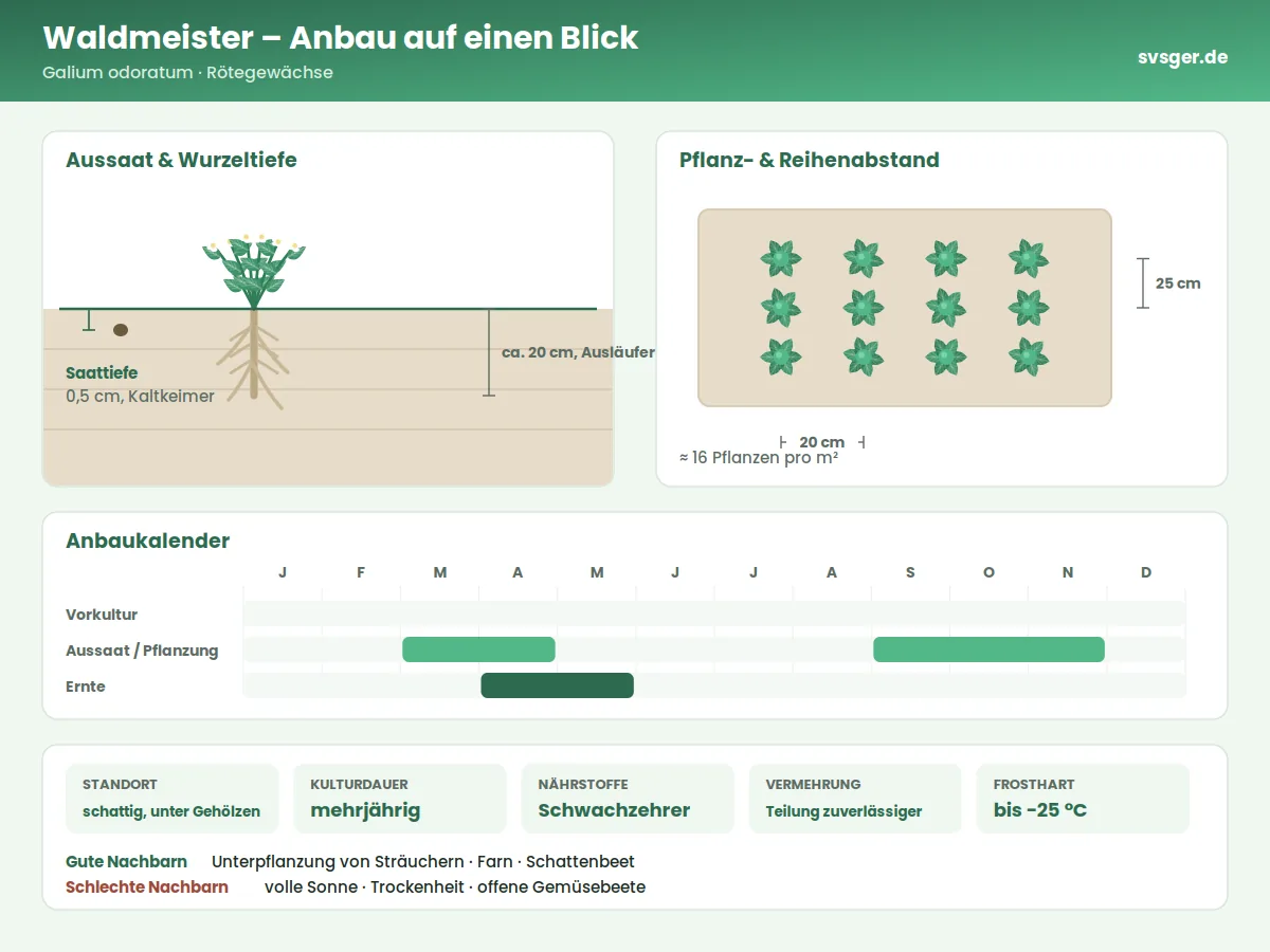 Waldmeister Aufbau: Saattiefe, Pflanzabstand und Anbaukalender