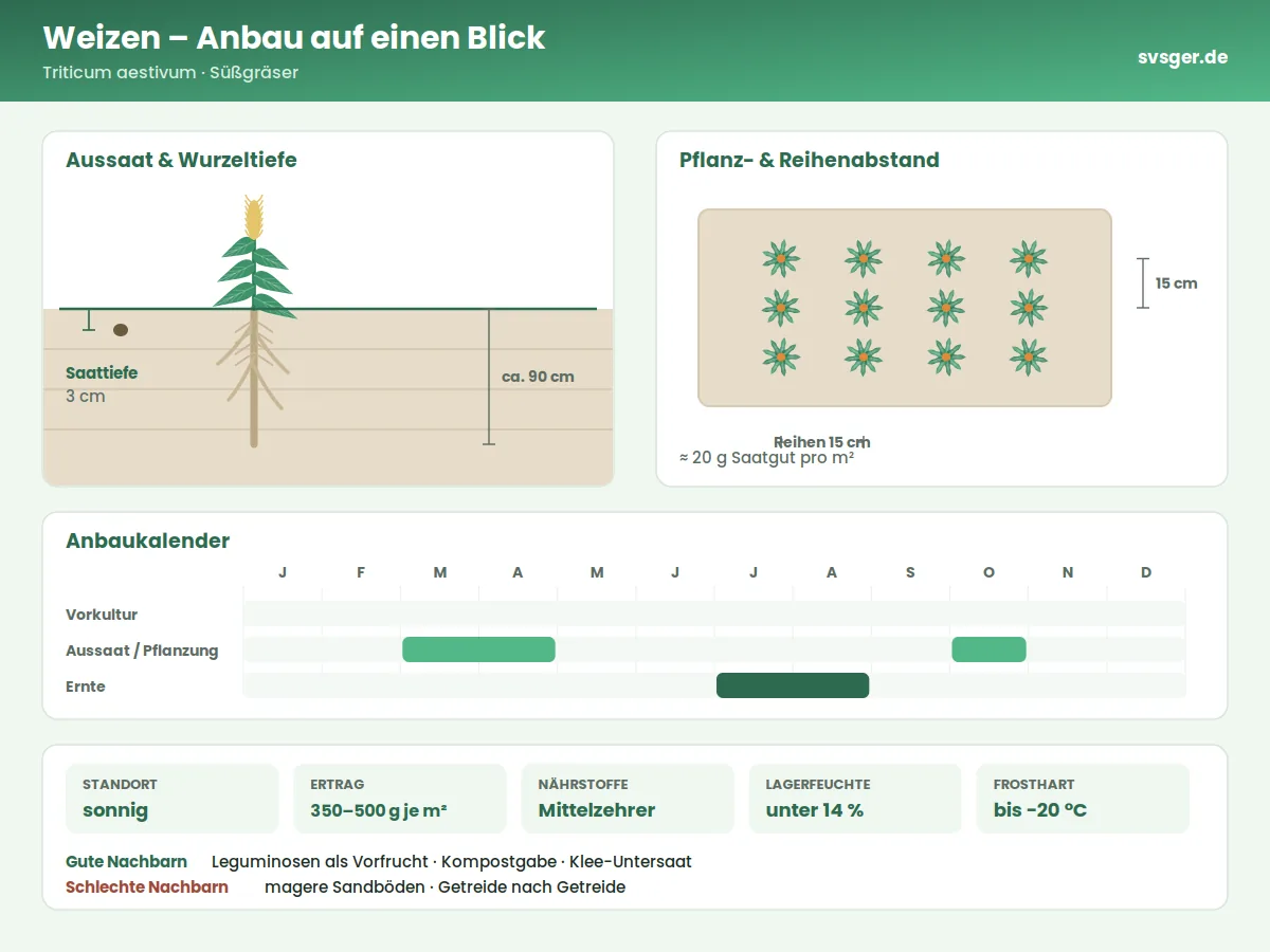 Weizen Aufbau: Saattiefe, Pflanzabstand und Anbaukalender