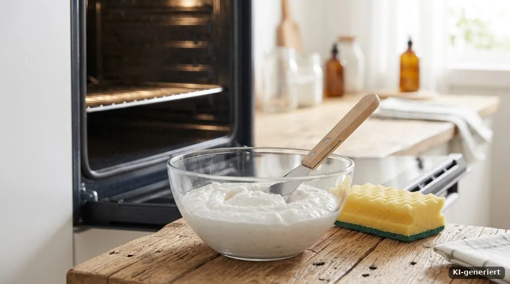 Glasschale mit Natronpaste, Schwamm und Spatel auf einer Küchenarbeitsplatte