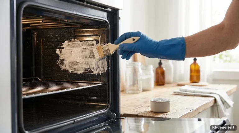 Geöffneter Backofen, Hand im Gummihandschuh trägt mit einem Pinsel eine weiße Paste auf die Innenwand auf