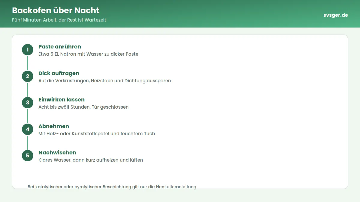 Backofenrost und Backblech liegen in einer Wanne mit heißer Sodalösung, daneben Haushaltshandschuhe, eine Küchenwaage und ein Paket Waschsoda