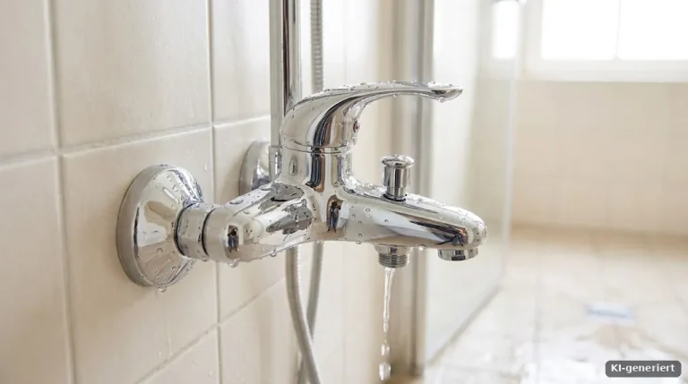 Glänzende Duscharmatur aus Chrom mit Wassertropfen, helle Fliesen