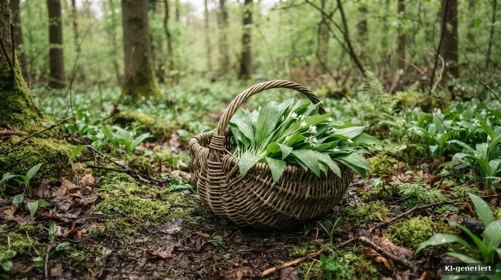Frischer Bärlauch in einem Korb im Waldboden