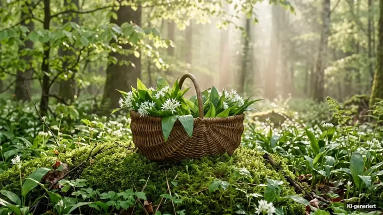 Bärlauchblätter mit weißen Blüten auf dem Waldboden im Frühling