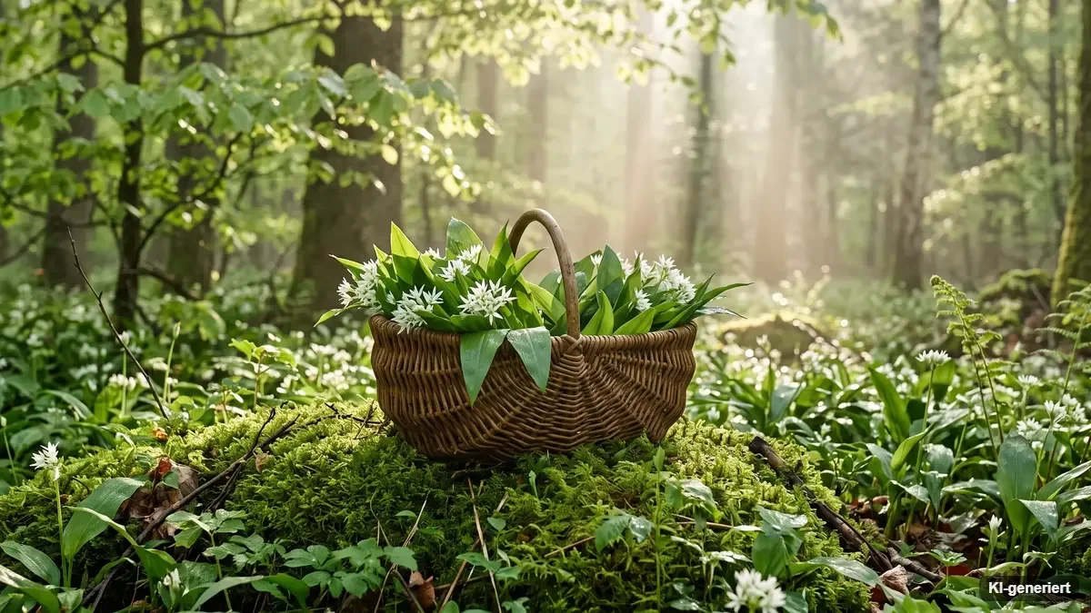 Bärlauchblätter mit weißen Blüten auf dem Waldboden im Frühling