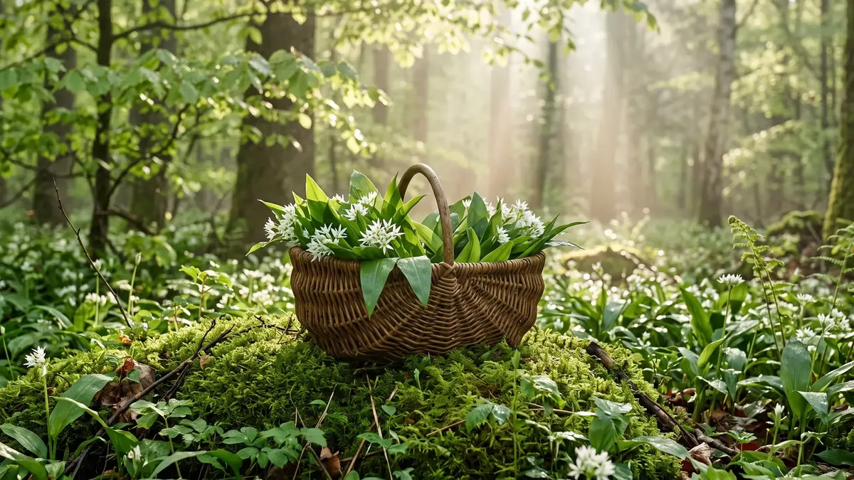 Bärlauchblätter mit weißen Blüten auf dem Waldboden im Frühling