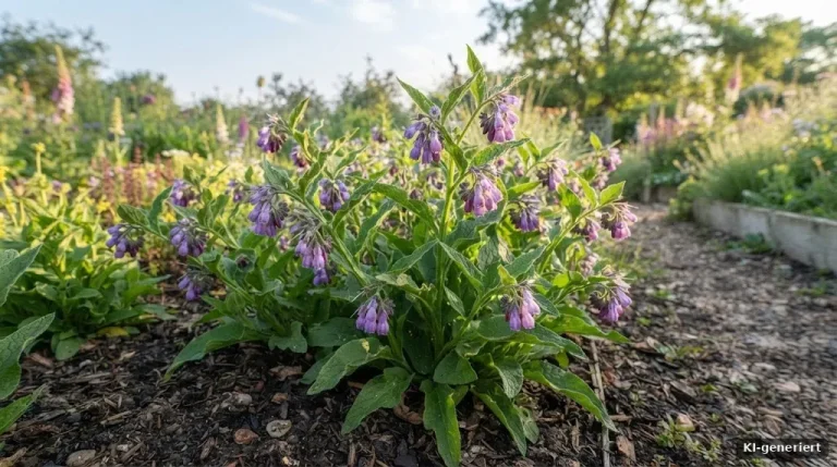 Blühender Beinwell mit violetten Glockenblüten am Beetrand