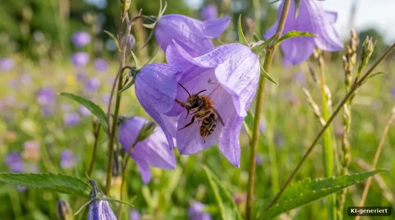 Wildbiene auf einer Glockenblume, Nahaufnahme