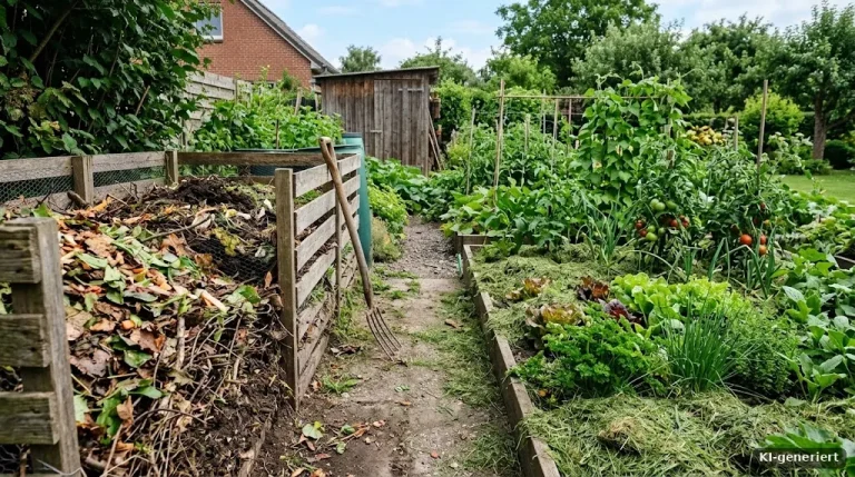 Komposthaufen und Gemüsebeet mit Mulchschicht aus Grasschnitt