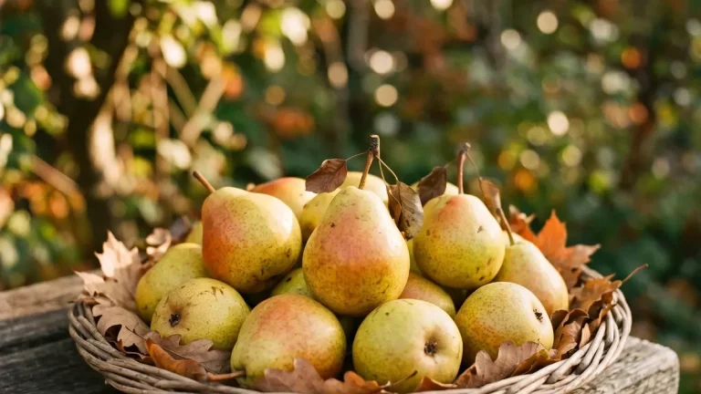 Birnbaum im Garten mit reifen gelbgrünen Birnen an waagerechten Ästen
