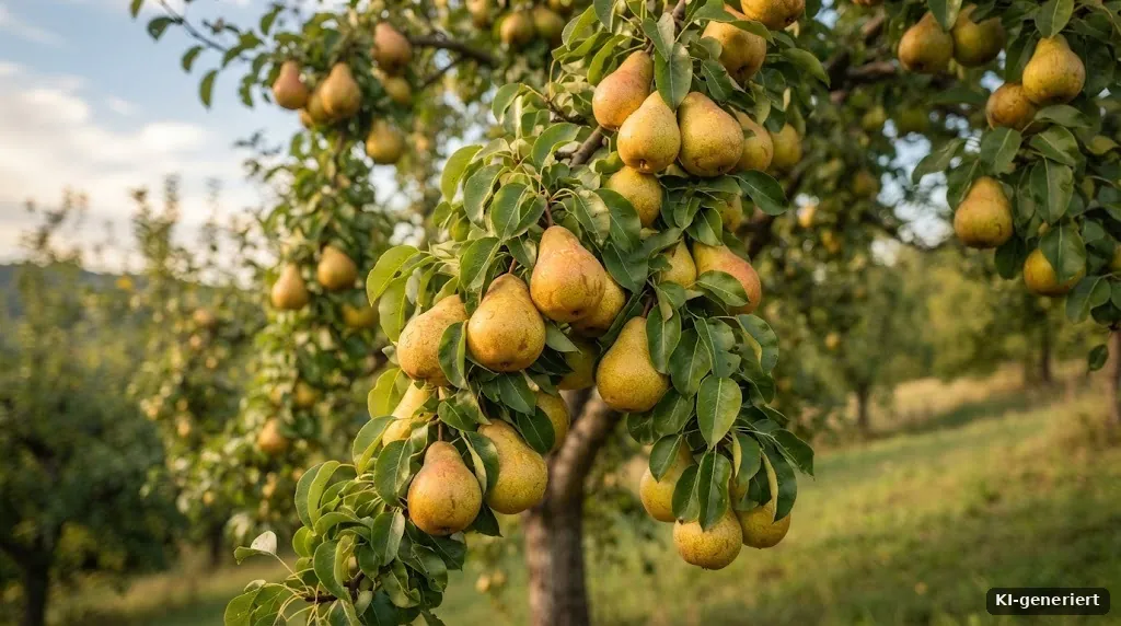 Reife Birnen an einem Birnbaum