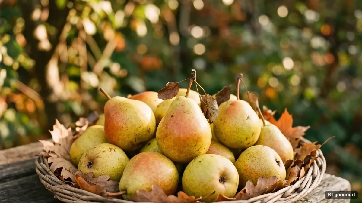 Birnbaum im Garten mit reifen gelbgrünen Birnen an waagerechten Ästen