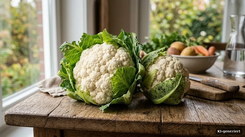 Geernteter Blumenkohl auf einem Holztisch