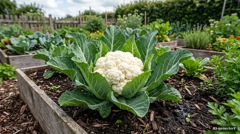 Blumenkohl mit festem weißem Kopf im Beet