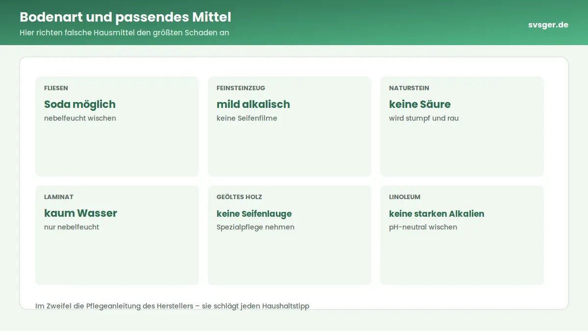 Esslöffel mit Waschsoda über einem Putzeimer mit lauwarmem Wasser, daneben ein Stück pflanzliche Kernseife und eine Flasche Reinigungsessig auf Fliesenboden