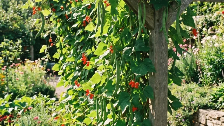 Stangenbohnen mit grünen Hülsen an Bohnenstangen im Gemüsegarten