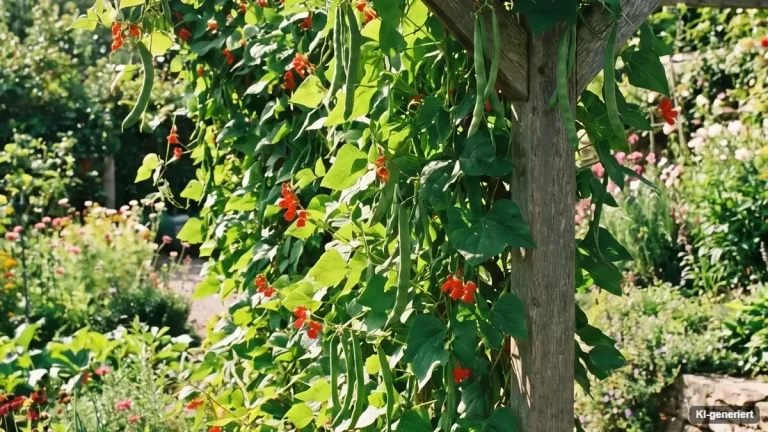 Stangenbohnen mit grünen Hülsen an Bohnenstangen im Gemüsegarten
