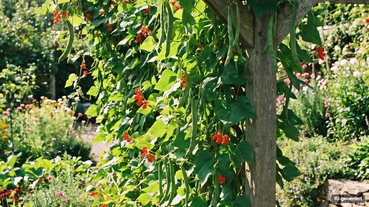 Stangenbohnen mit grünen Hülsen an Bohnenstangen im Gemüsegarten