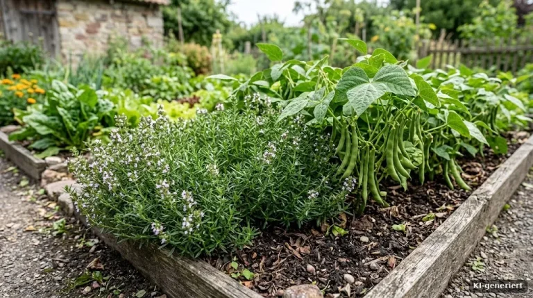 Bohnenkraut im Kräuterbeet neben Buschbohnen