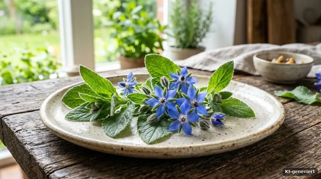 Borretschblüten und junge Blätter auf einem Teller