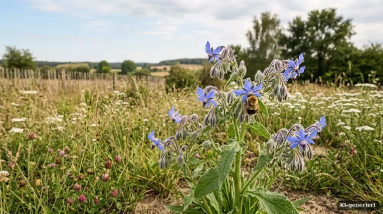 Borretsch mit blauen sternförmigen Blüten und einer Hummel