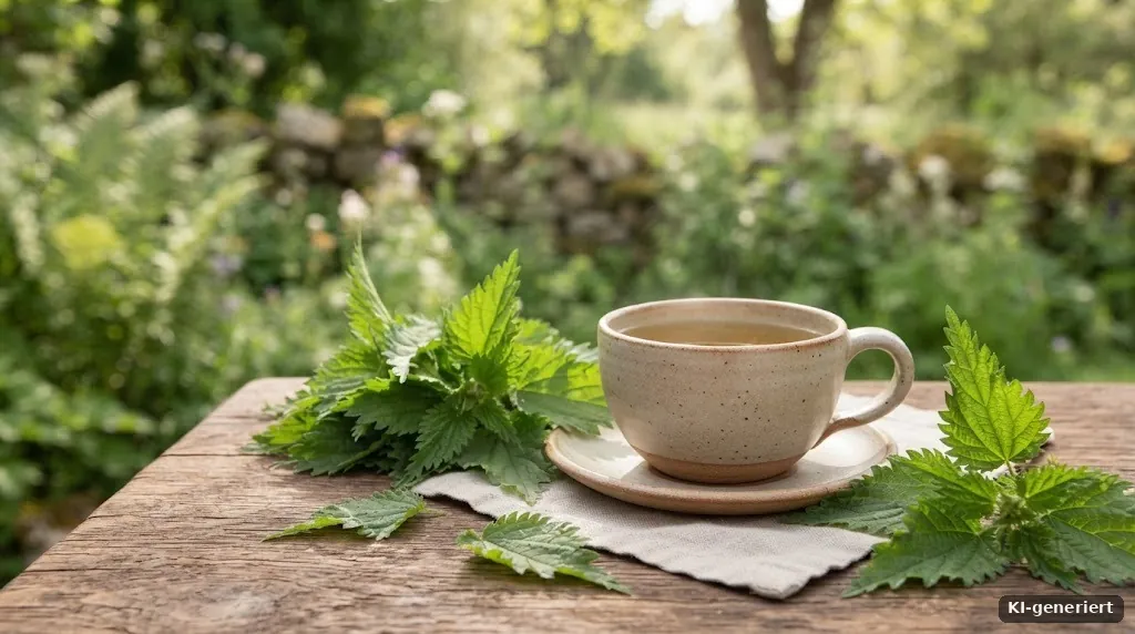 Brennnesseltee in einer Tasse neben frischen Brennnesselblättern