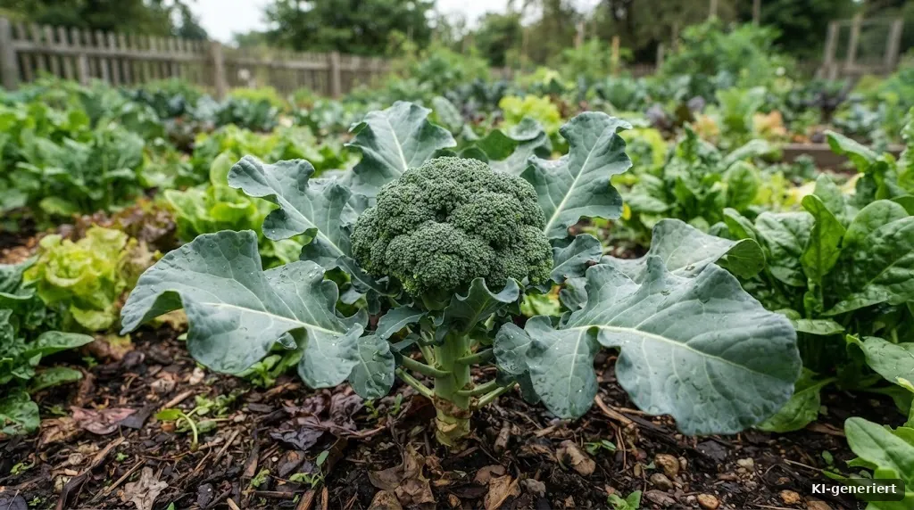 Brokkolikopf im Beet kurz vor der Ernte