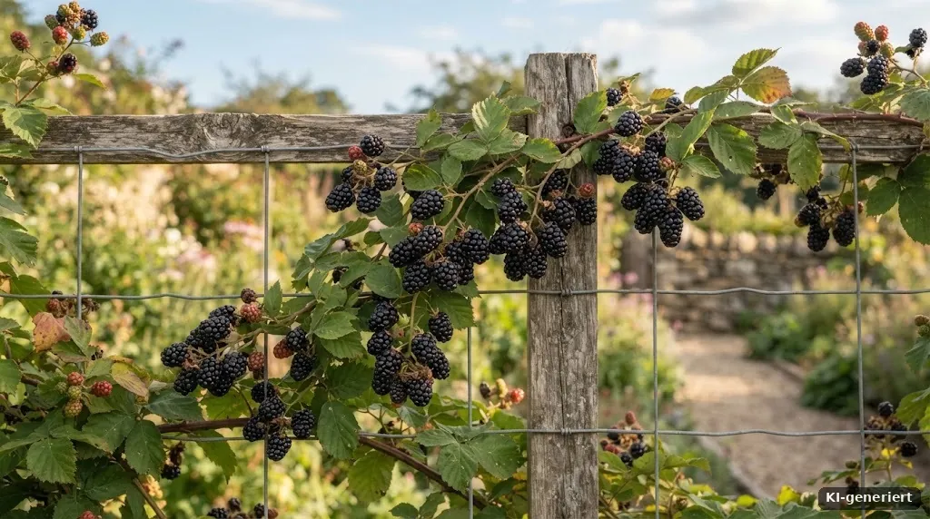 Reife Brombeeren an einem Spalier