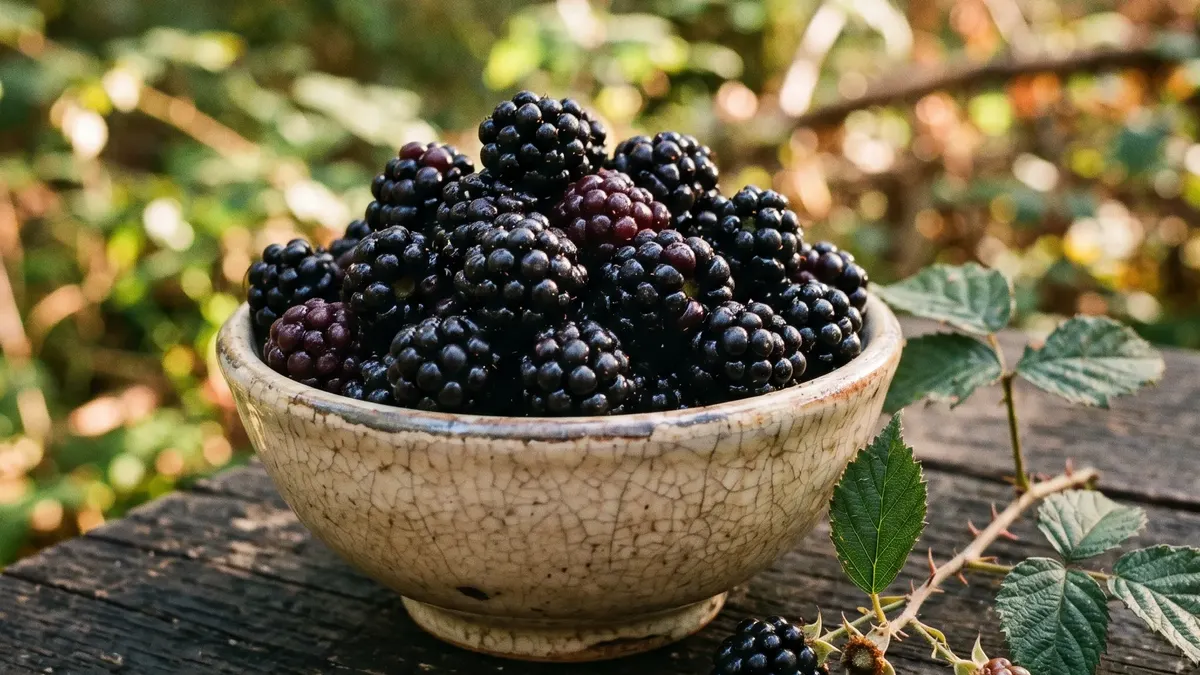 Reife schwarze und noch rote Brombeeren an einer dornenlosen Rute am Spalier