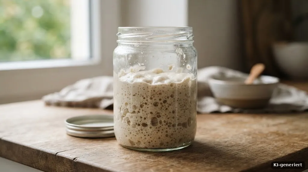 Sauerteigansatz in einem Glas mit Blasen