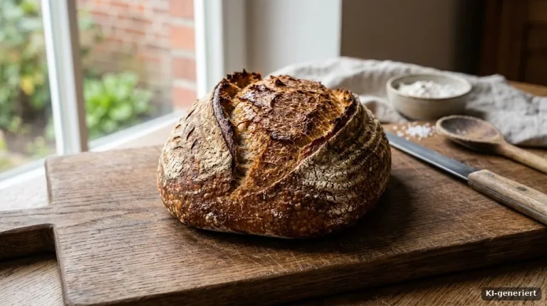 Frisch gebackenes Sauerteigbrot mit knuspriger Kruste auf einem Holzbrett