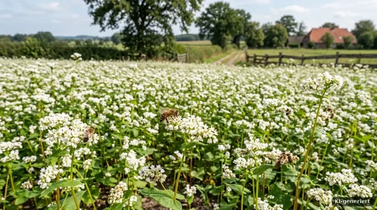 Blühender Buchweizen mit weißen Blüten und Bienen