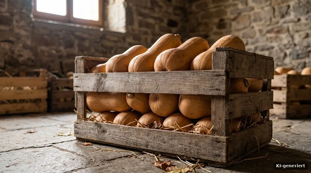 Butternut-Kürbisse in einer Holzkiste zur Lagerung