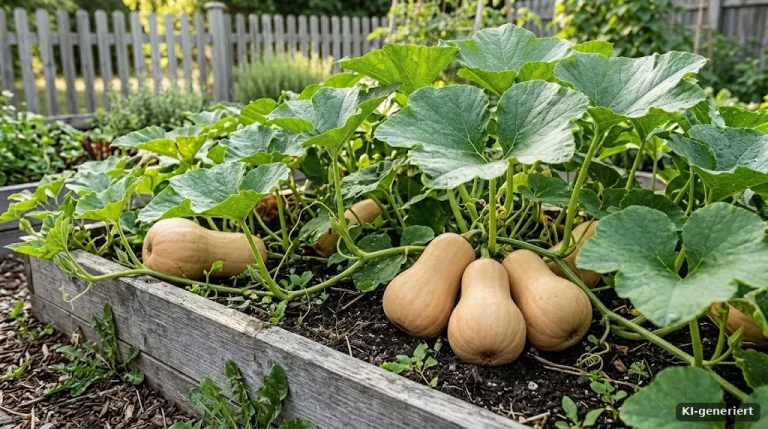 Butternut-Kürbisse zwischen großen Blättern im Beet